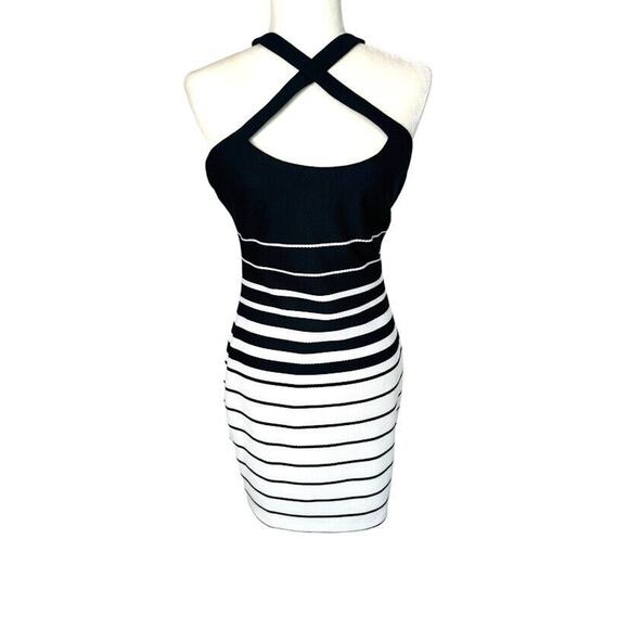 Guess Los Angeles USA Halter Striped Mini Dress Size 6 Open Back Black White - Picture 1 of 8